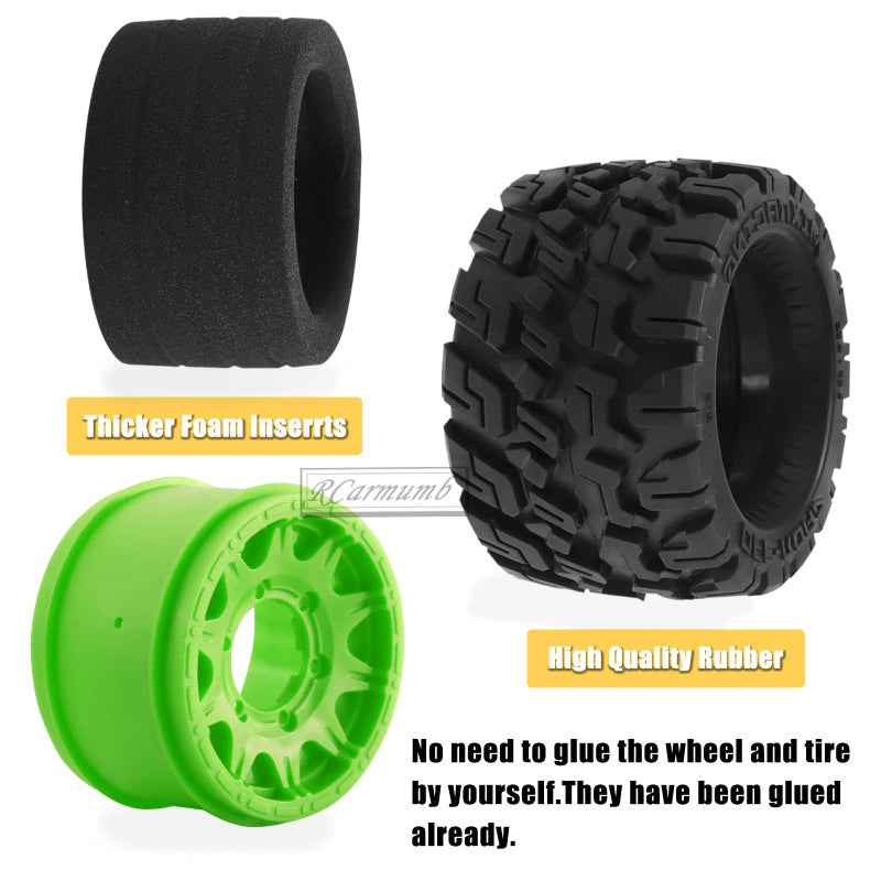 Rcarmumb RC Truck Wheel Tires for 1/10 Rustler Stampede Hoss,Arrm a Granite Vorteks Big Rock,Axial Losi Redcat Rc4wd,12mm/14mm Hex Rc Truck Tires,4pcs,Green - Image 4